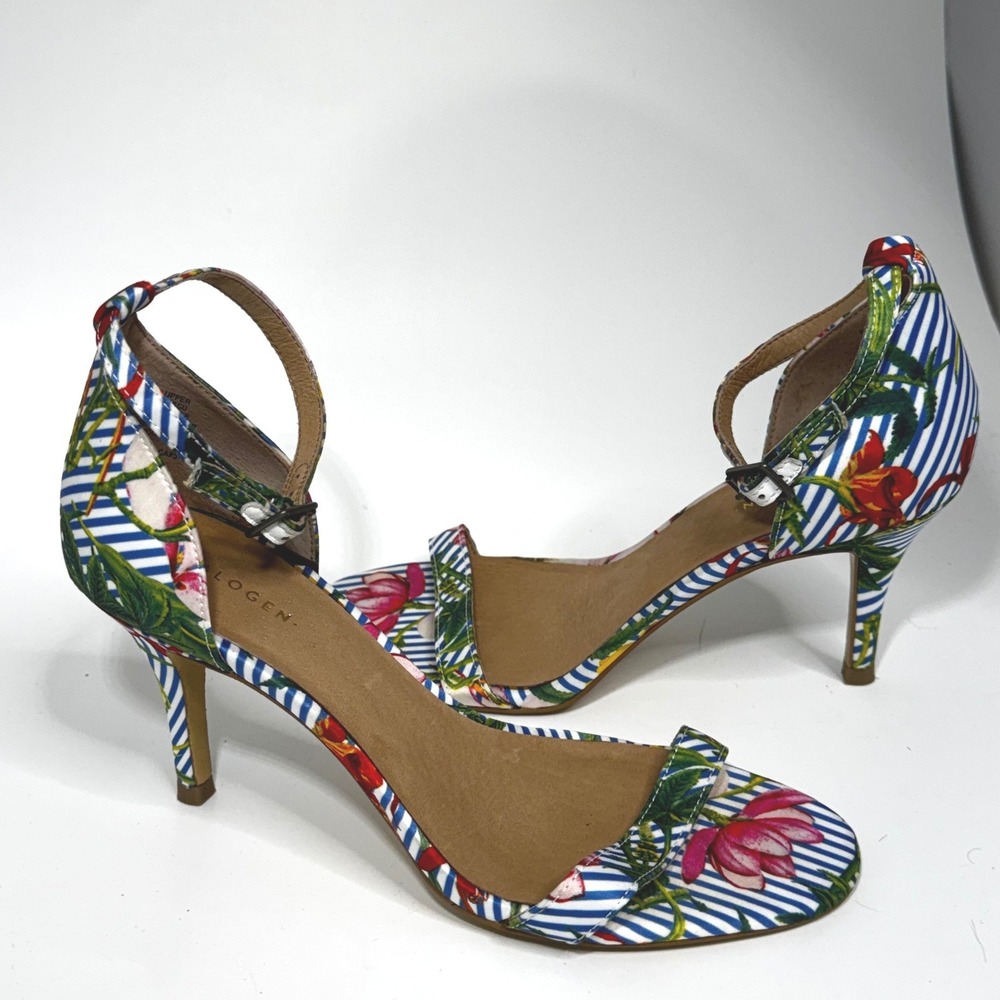 Halogen Womens Floral Striped Ankle Strap Stiletto Sandals Blue White Red 9.5M - Picture 2 of 7